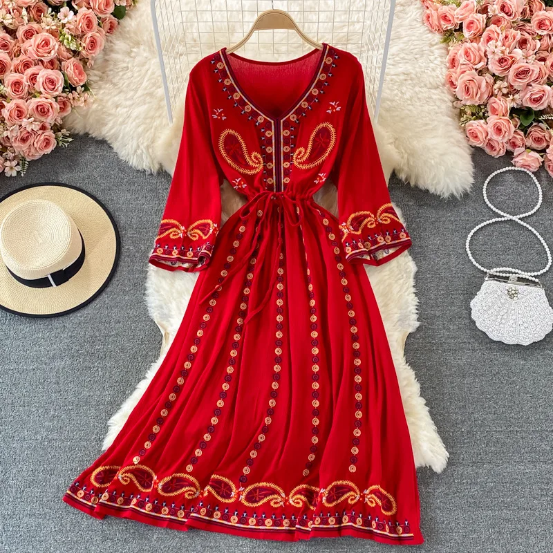 

Jastie Women Cotton Linen Bohemian Retro Embroidered Dresses V-neck 3/4 Sleeve Autumn Dress Casual Beach Boho Vestidos 2021 Fall