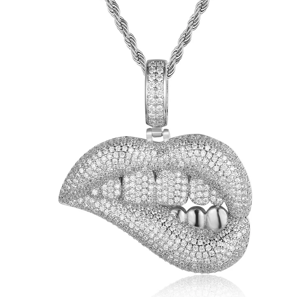 

Iced Out Bling 5A Cz Sexy Mouth Pendant Necklace Micro Pave Cubic Zircon Dripping Lips Silver Colorhip Hop Jewlry For Women Men