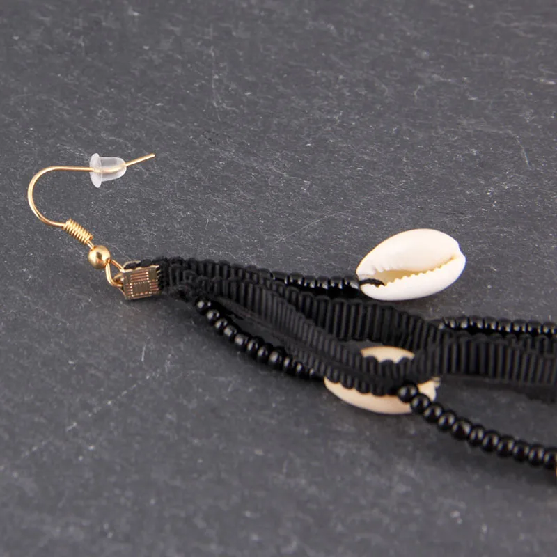 Женские Подвески в виде ракушек Boho вязаные Длинные серьги из черной ленты с