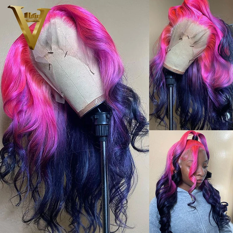 

Rose Red Body Wave Lace Front Wig Ombre Blue Colored Human Hair Wigs For Black Women Brazilian HD Transparent Lace Frontal Wig