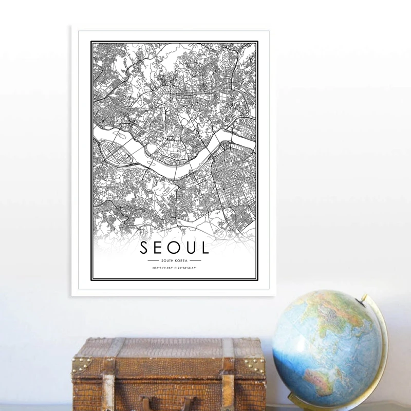 Холст Сеул координаты Корея Карта города принты черно-белый дорожный постер