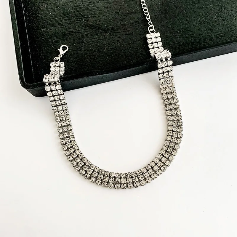 

Punk Fashion Bling Full Rhinestone Chokers Necklace for Women Silver Color Alloy Multilayers Pendant Necklaces Nightclub Jewelry