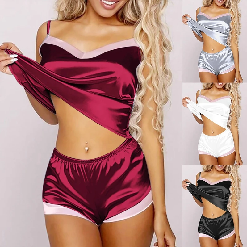 

Women Sexy Pajamas Set Home Suit Tops And Shorts V-neck Sleeveless Satin Lace Sleepwear Pijama Home Clothes For Women