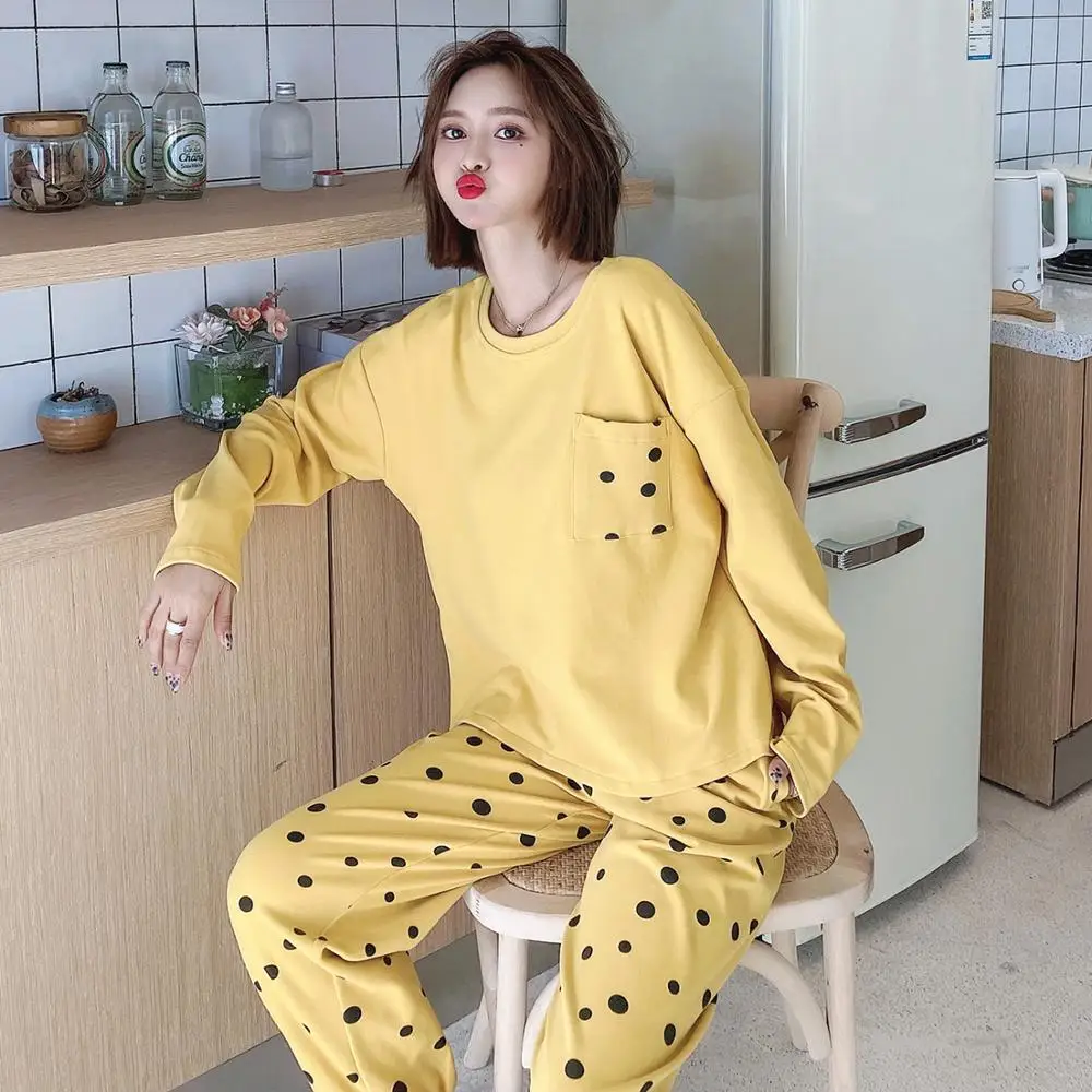 

High Quality Pajama Set Women's Pyjamas 2PCS Cute Dots Sleepwear Long Sleeve Sleep Tops Long Pants Pocket Pijamas Soft Homewear