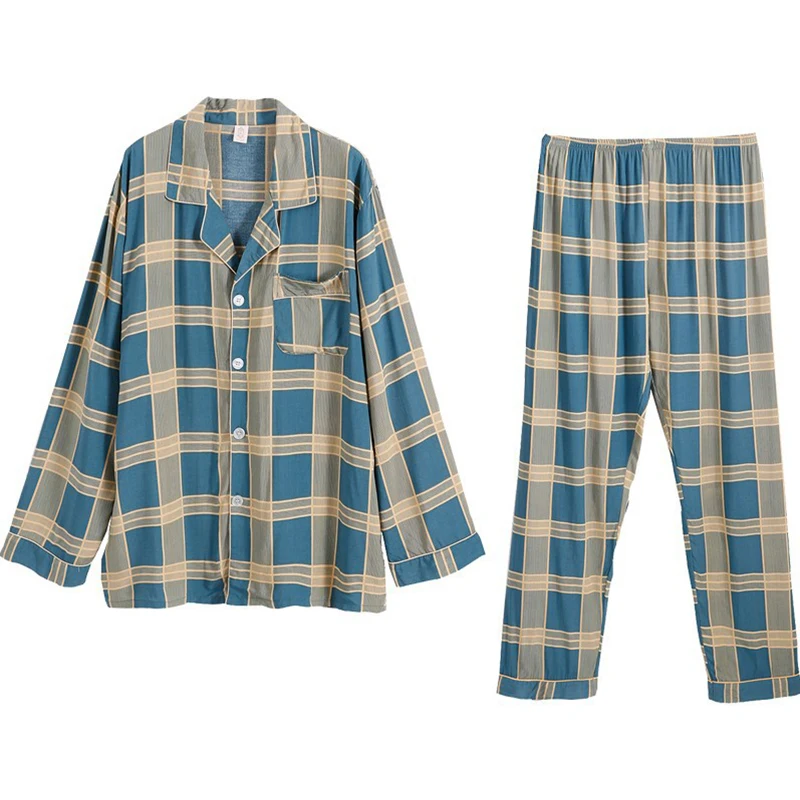 

Spring Men Pajamas Set Long Sleeve Male Plaid Cotton Sleepwear Suit For Men Casual Sleep Lounge Pyjamas Plus Size 3XL Pijama Pjs