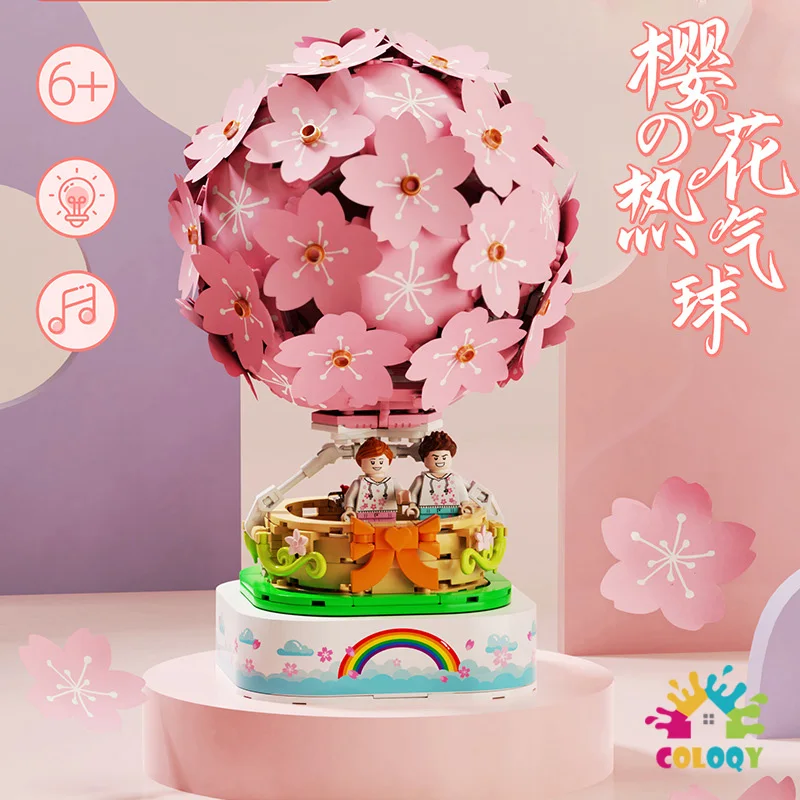 

Street view Pink Cherry Blossom Hot Air Balloon Model Building Blocks Light Model Rotating Music Box MOC Bricks Toys For Girls