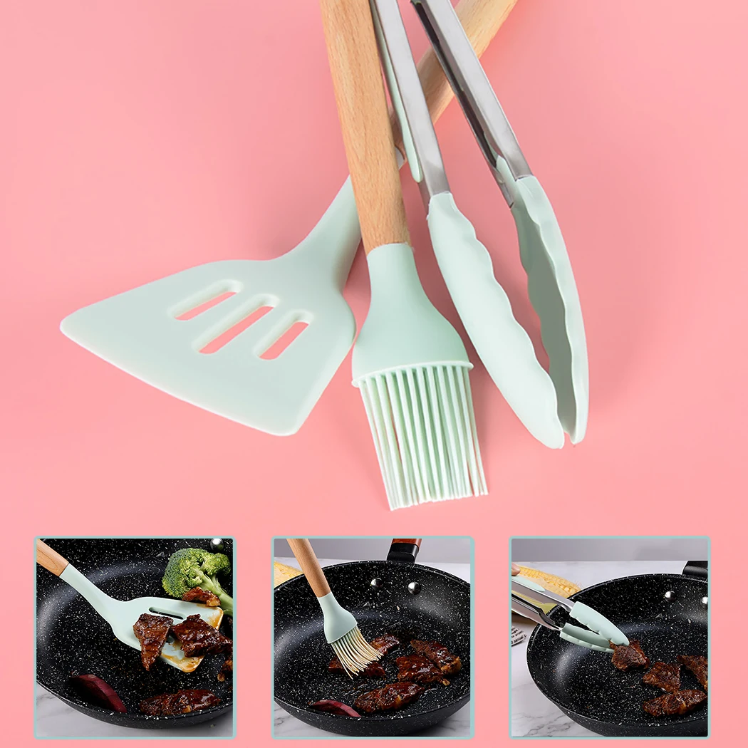 

justdolife 3PCS Silicone Utensil Set durable Universal Food Tongs Rubber Spatula Oil Brush Kitchen Utensil Set