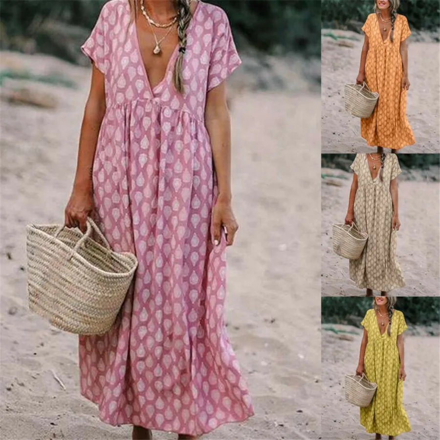 Женское длинное платье бохо размера плюс 2XL с высокой талией глубоким v образным