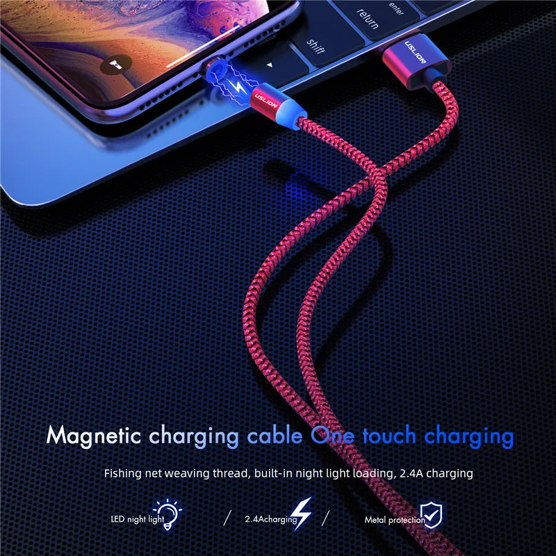 USLION Магнитный USB кабель Micro Type C для Samsung Galaxy S10 S10e iPhone XR Xs Max 8 7 6 1M 2M 2A магнитное