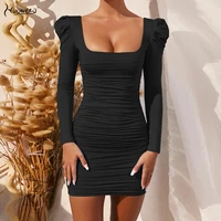 sexy bodycon women dress spring autumn elegant mini party dresses square neck ruched backless solid black fashion female wdr39
