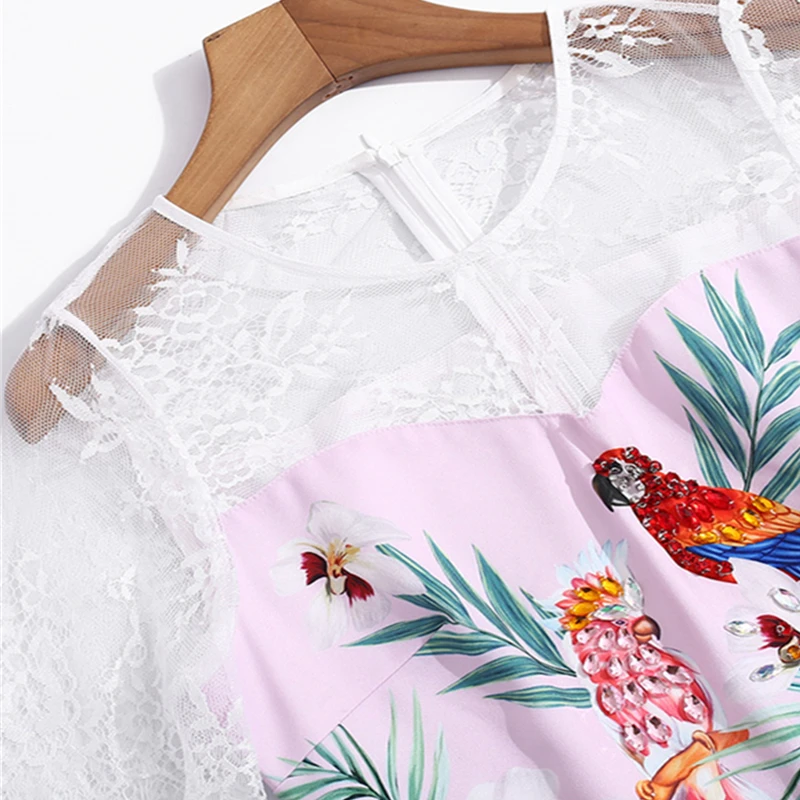 

2021Fashion Summer Dress Casual Printing Patchwork Lace Elegant Crystal Diamonds Vocation dress European Party Vintage Vestidos