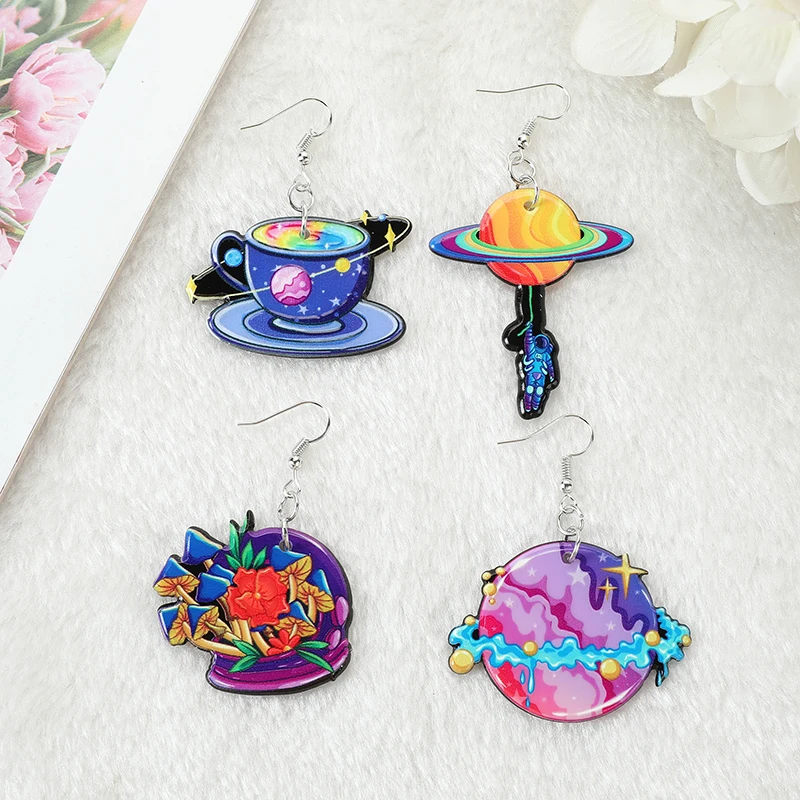 

1 Pair Space Drop Earrings Colorful Astronaut Mushroom Satellite Planet Jewelry Flatback Acrylic Holiday Gifts