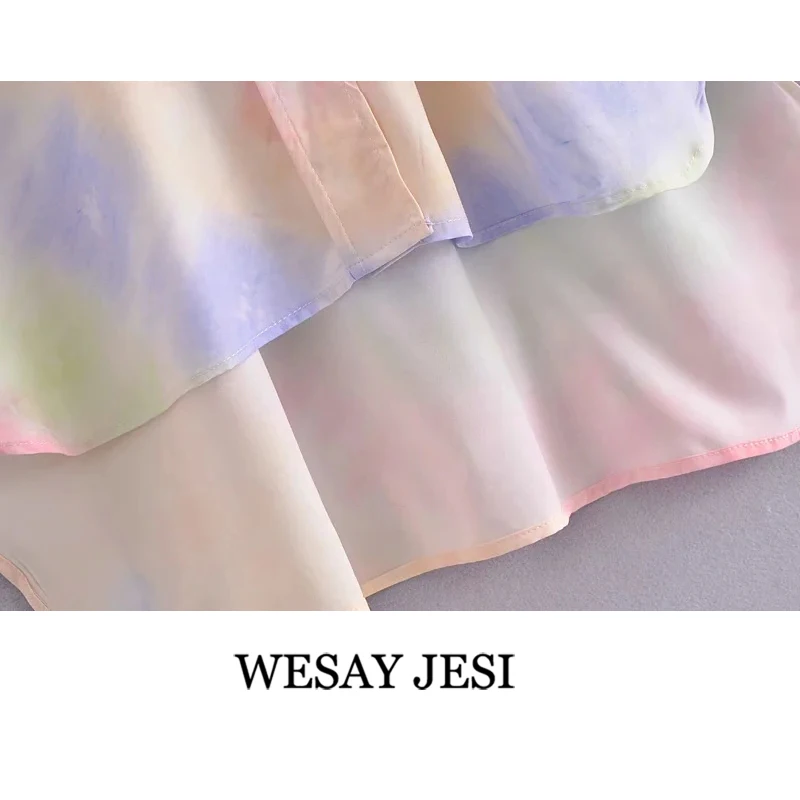 

WESAY JESI Women Vintage Gradient Tie Dye Print Casual Loose Blouse Office Ladies Long Sleeve Breasted Shirt Chic Oversize Tops