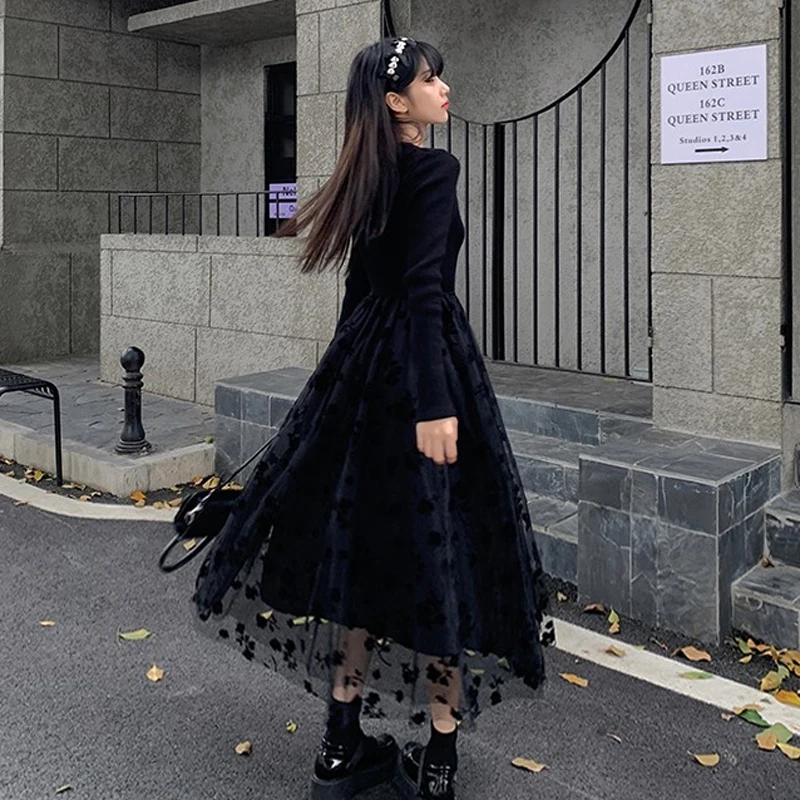 

Платье с длинным рукавом, Сетчатое милое Черное вечернее платье с изображением полуночной розы, темный ветер, Осень-зима 2021