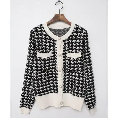 

Single-breasted Sweaters Fashion Vintage Korean Cardigans Femme 2020 Houndstooth Knitted Cardigans Tops Women Long Sleeve