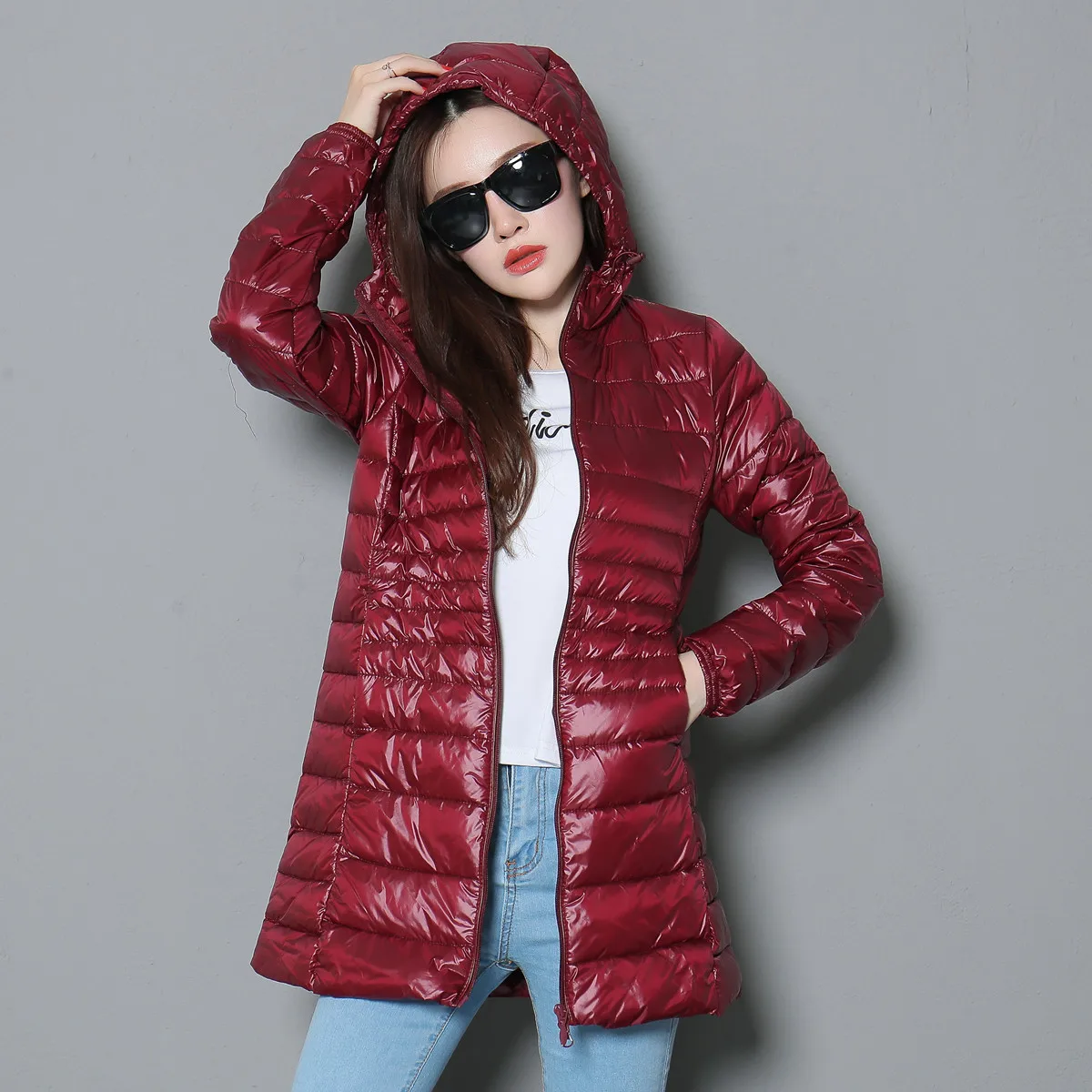 Ультра-женский пуховик на 20% с капюшоном длинный теплый размера плюс 6XL 7XL 8XL LWL9022 |