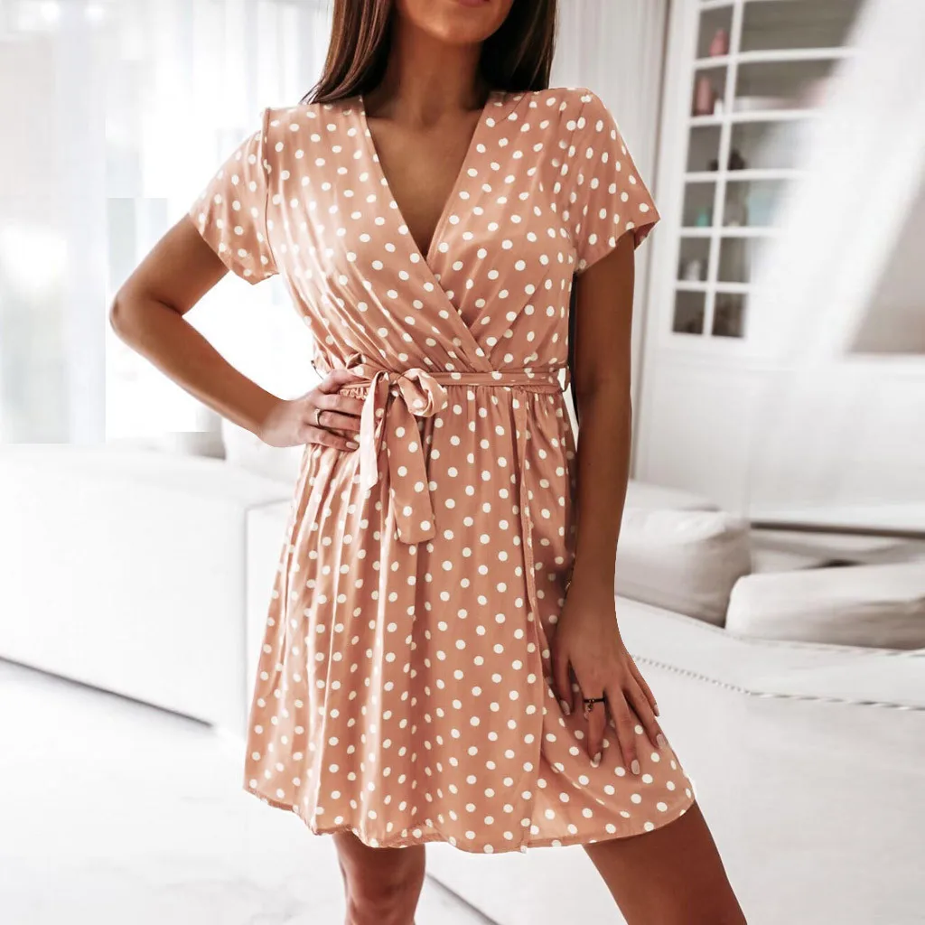 

Womens Short Sleeve party dress Polka Dot Print V-Neck beach dress Elastic Waist Bandage Mini Dress robe femme vestido de mujer