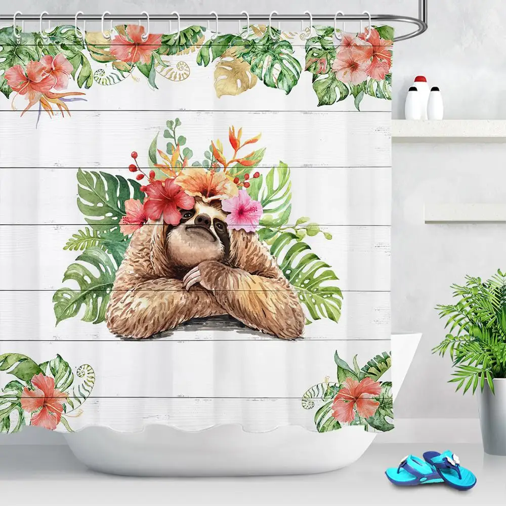 

Cartoon Sunflower Sloth Shower Curtains Flower Animal Polyester Fabric Waterproof Plank Shower Curtain for Bathroom Accessories