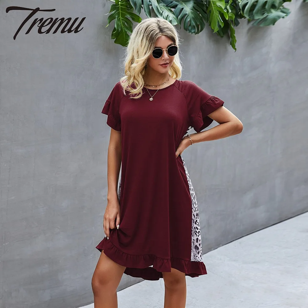 

TREMU Dress Women's Serpentine Stitching Round Neck Ruffle Loose Loose Dress