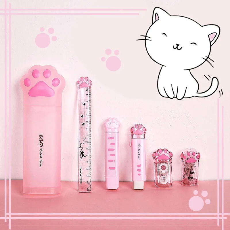 

6Pcs Creative Cat Paw Stationery Set Kawaii Cat Claw Pen Box Pencil Sharpener Correction Tape Glue Eraser Ruler for Girls Gifts