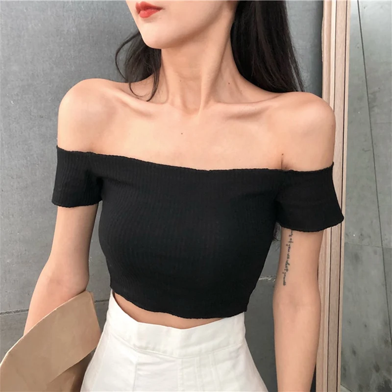 

Women Summer Fashion T Shirt Slash Neck Off Shoulder Shirt Tops Slim Short Button T-shirts