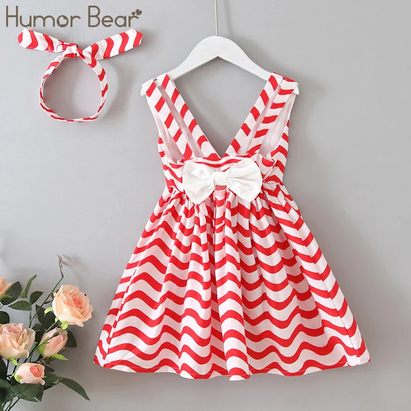 

Humor Bear Girls Sleeveless Dress 2022 Summer Vest V-neck Wave Fashion Stripes Halter Bow Princess Toddler Clothes
