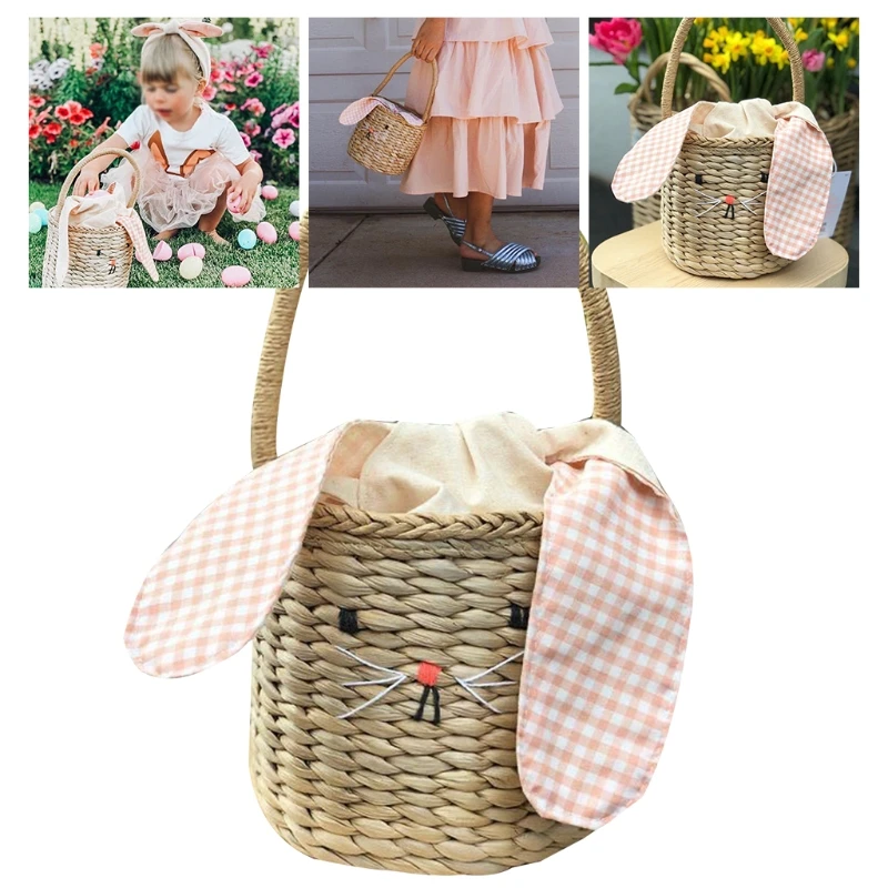 

Children Girls Beach Bag Cute Rabbit Ear Straw Tote Kids Keys Coin Purse Basket Mini Handbag