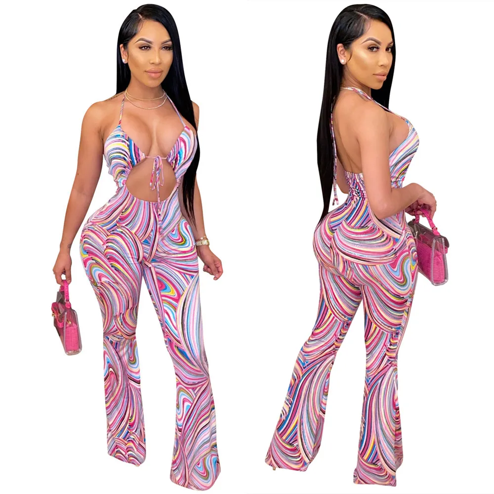 Bohemian Style Women's New Summer Hot Style Sexy Necktie Fashion Print Two-piece Set 6150