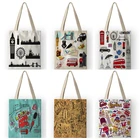 Vinatge британский стиль, женские холщовые сумки через плечо, Мультяшные лондонские сумки для покупок, сумки для путешествий AKB01110