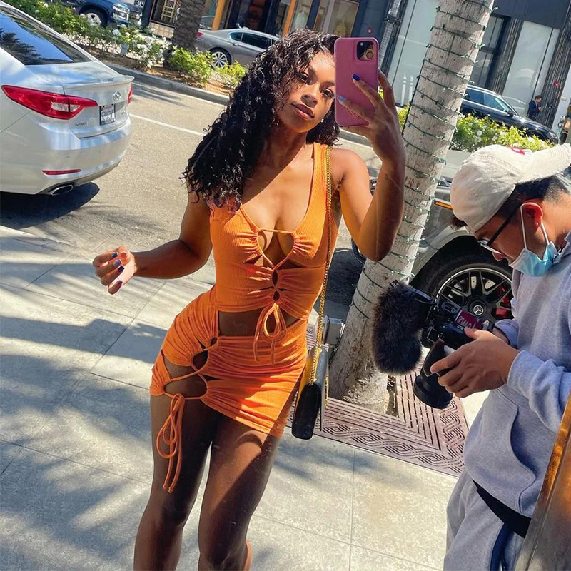 

Сексуальное открытое Бандажное мини-платье, Ребристое облегающее платье без рукавов с глубоким V-образным вырезом, Клубная вечерние, улична...