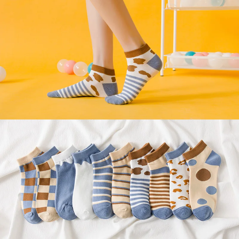 

Spring Cotton Socks For Women Harajuku Socks Cute Cartoon Ankle Socks Low Cut Breathable Girls Striped Plaid Short Socks Summer
