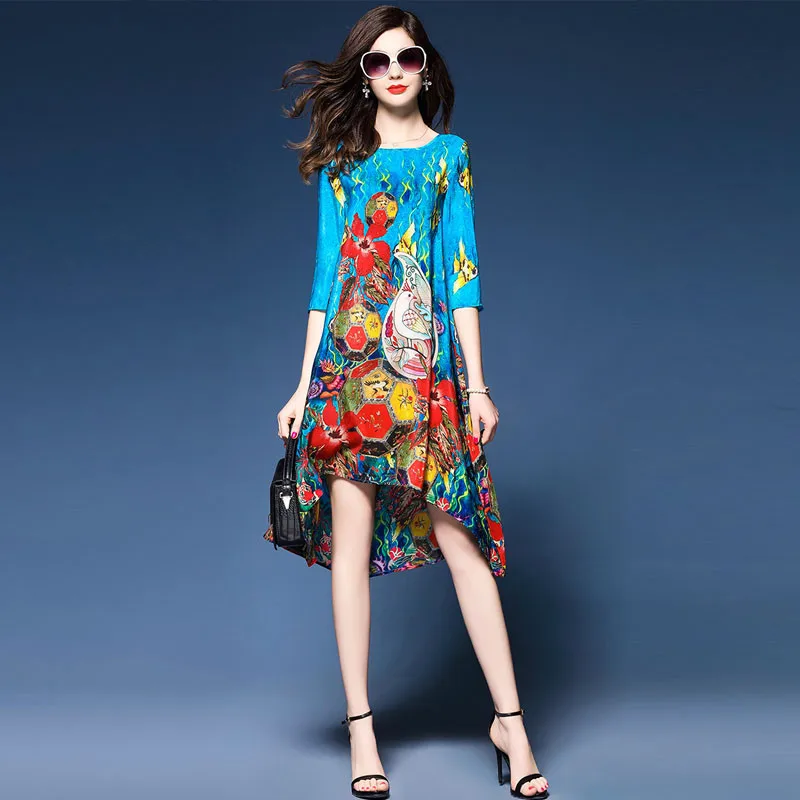 Модное богемное женское платье летнее синее Элегантное Шелковое Платье с