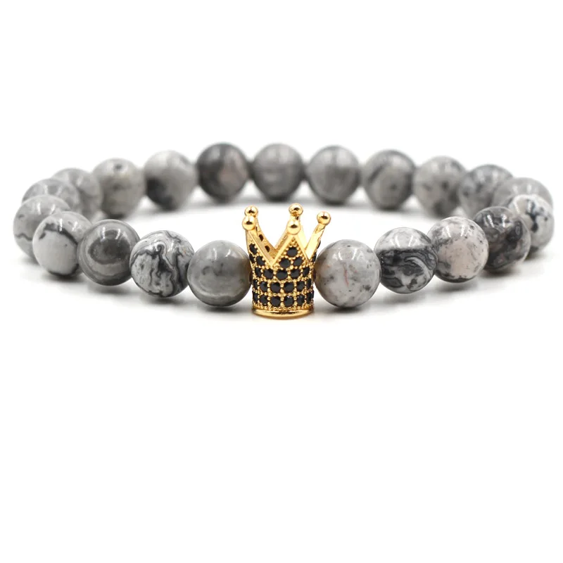 

Classics Gray Lava Natural Stone Beads Bracelets For Women Vintage Design Crown Bead Strand Bracelet Jewelry Men Gifts Jewelry