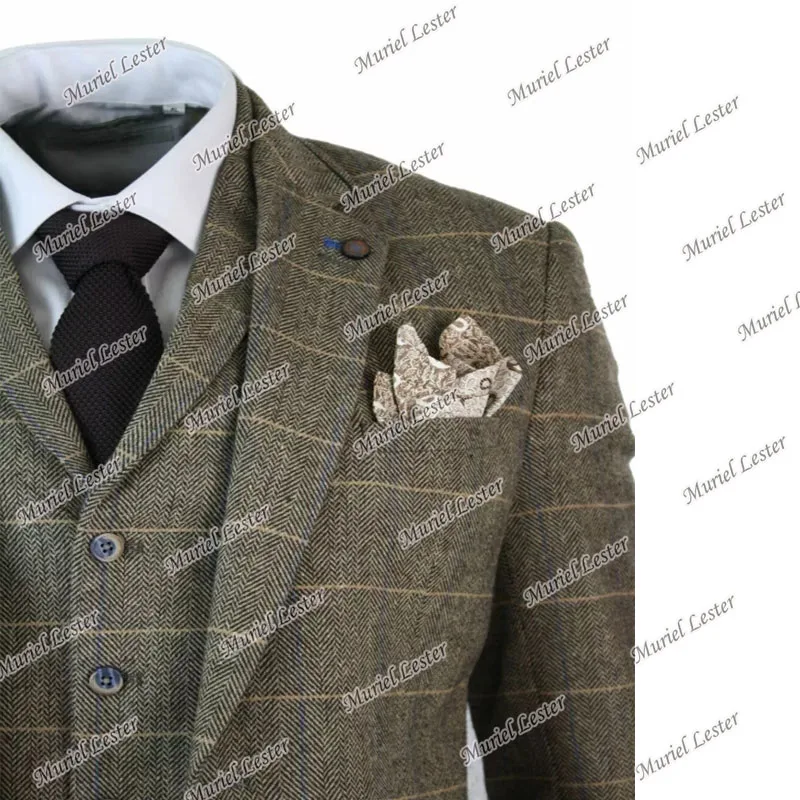 Зимние винтажные свадебные костюмы клетчатые твидовые плотные коричневые