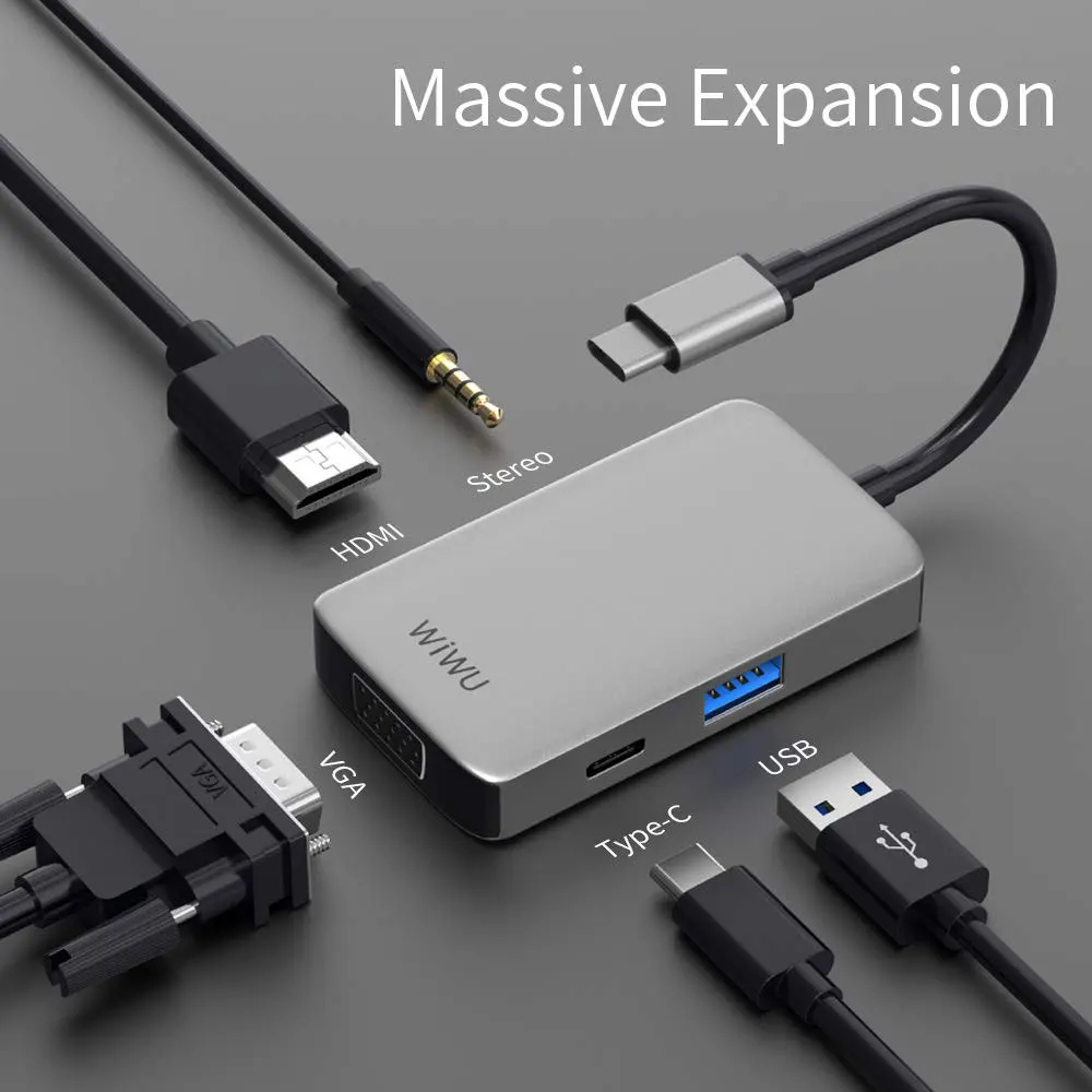 Usb концентратор WIWU 5 в 1 мульти порты VGA HDMI адаптер для MacBook Pro Type C 3 мм аудио USB