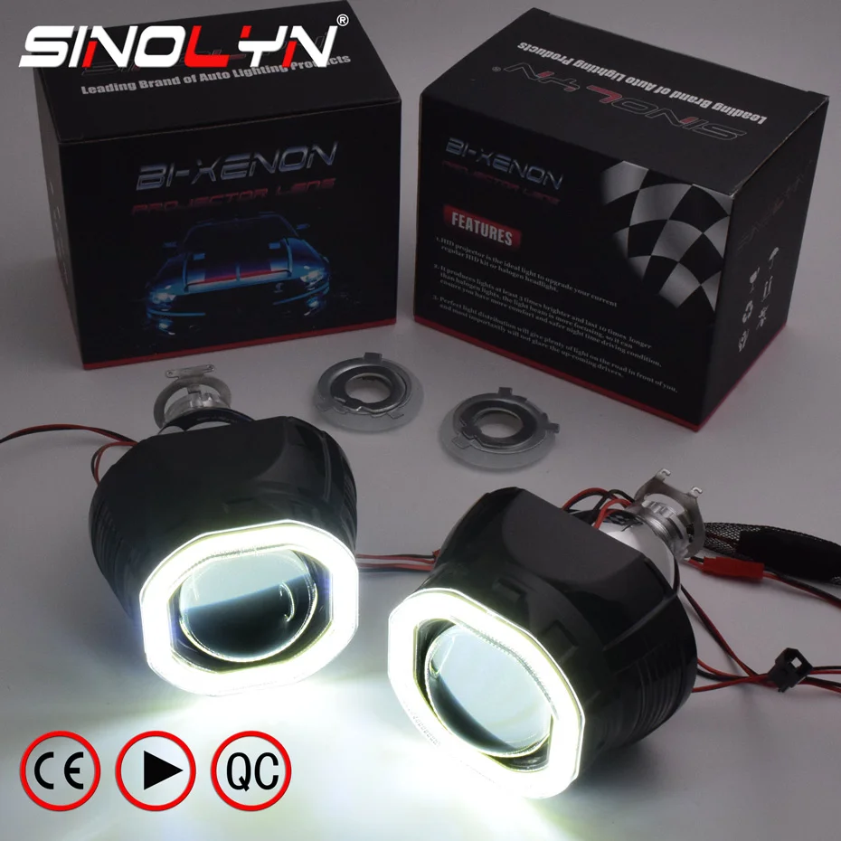 Sinolyn Mini 2,5 ''COB светодиодный ангельские глазки Halo DRL HID автомобильный проектор Объектив фары би-ксенон модифицированный черный комплект H1 H4 H7 Devil Eye