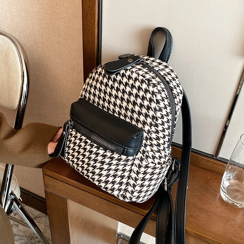 

Niche Design Fashion Backpack Korean Joker Western Style Backpack Houndstooth Woolen School Bag Backpack Width: 19cm