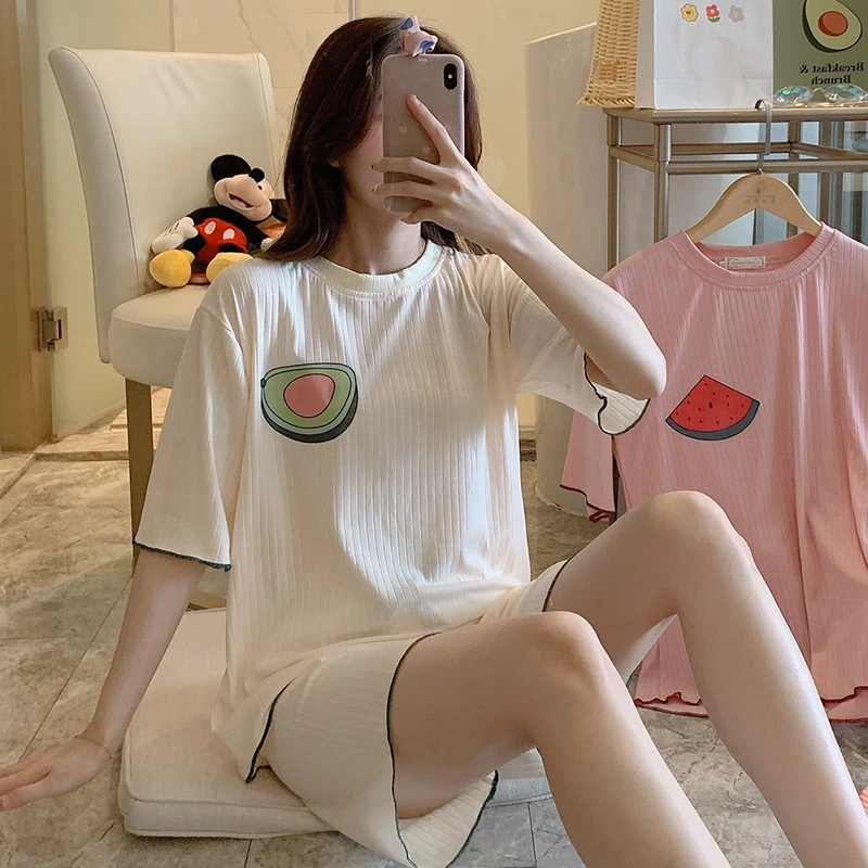 

Summer Pajamas Set Round Neck Short Sleeves Pyjamas Women Cute Print Sleepwear Cotton Short Home Wear Hot Sale Femme Nightsuit