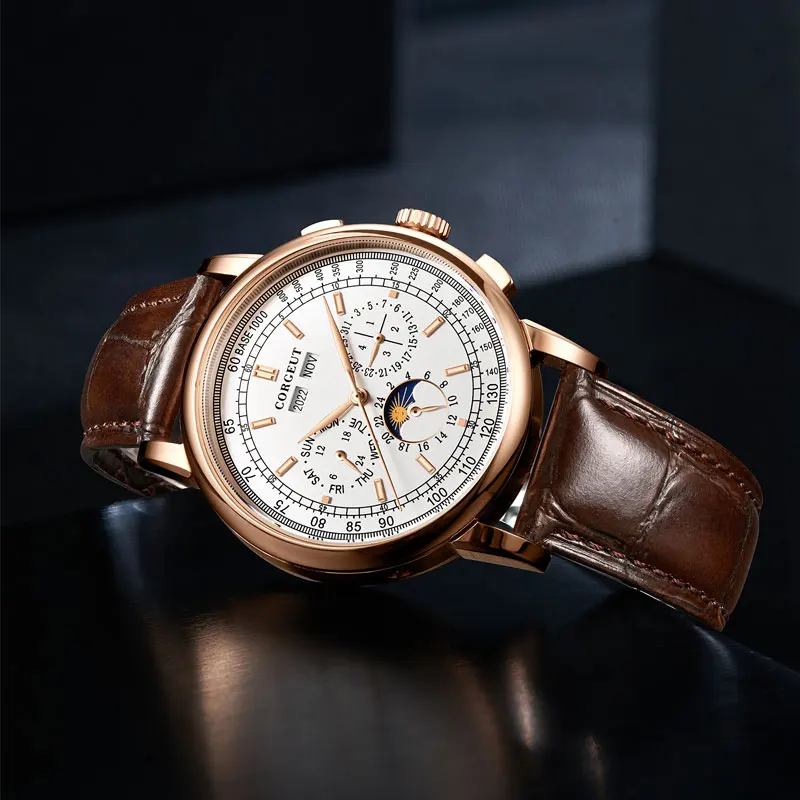 Corgeut фаза Луны Watch 42 мм Механические часы Rosegold с белым циферблатом год день месяц