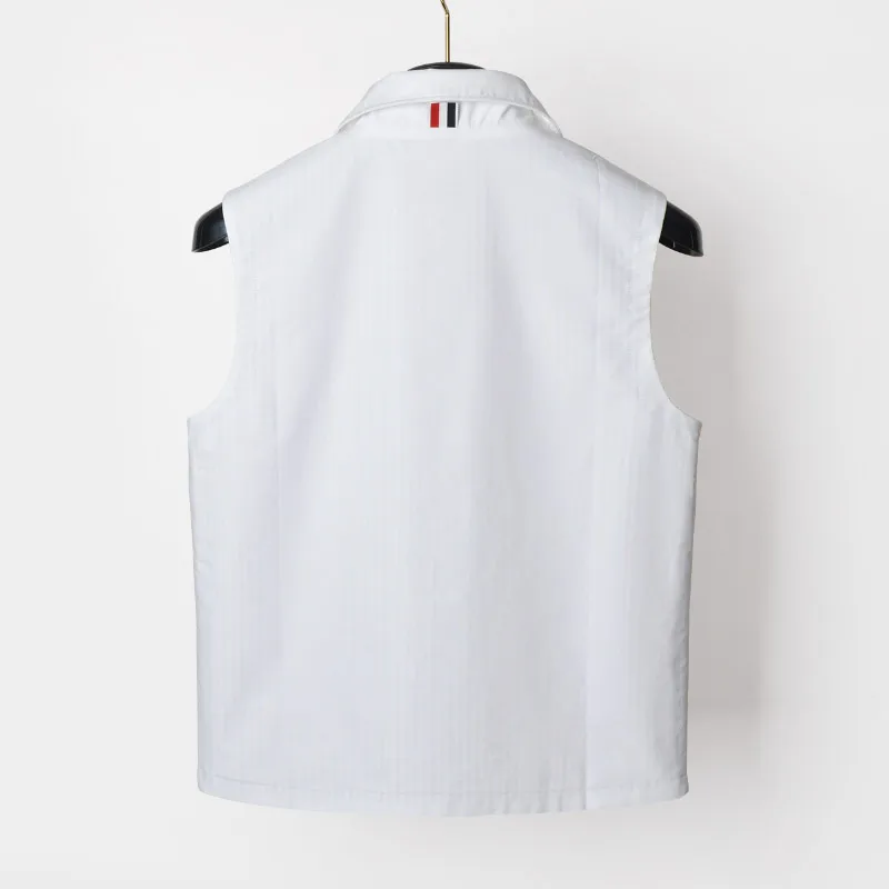 

TB 2021 Fashion Brand Spring Autumn Vest Striped White Cotton Casual Jacket Men Slim Turn Down Collar Coat Sleeveless