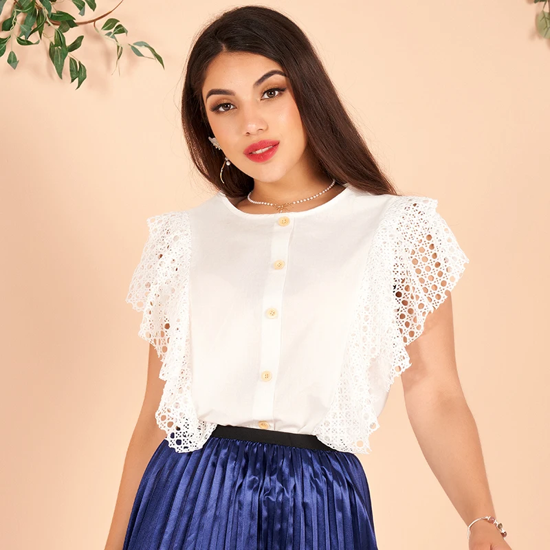

2022 New Summer Women's T Shirts White Retro Hollow Lace Ruffle Short Sleeve O-neck Buttons Breasted Kawaii Shirt Elegant Tops