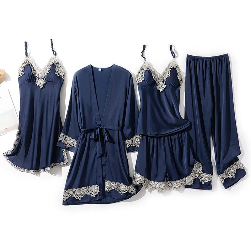 

Pajamas Set Lace Nightwear 5PCS Sleepwear Women Satin Silky Bathrobe Lingerie With Pads Lounge Wear Sexy Pijamas Kimono Gown