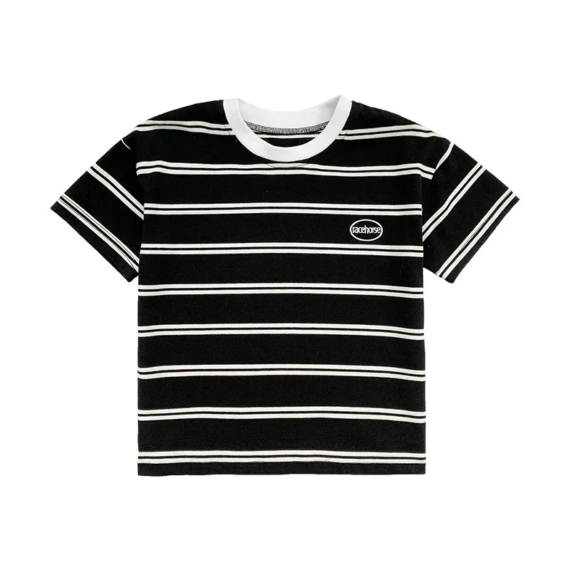 

Boys summer cotton Striped Tees korean style casual loose letter embroideryT shirts Children cool breathable Tops