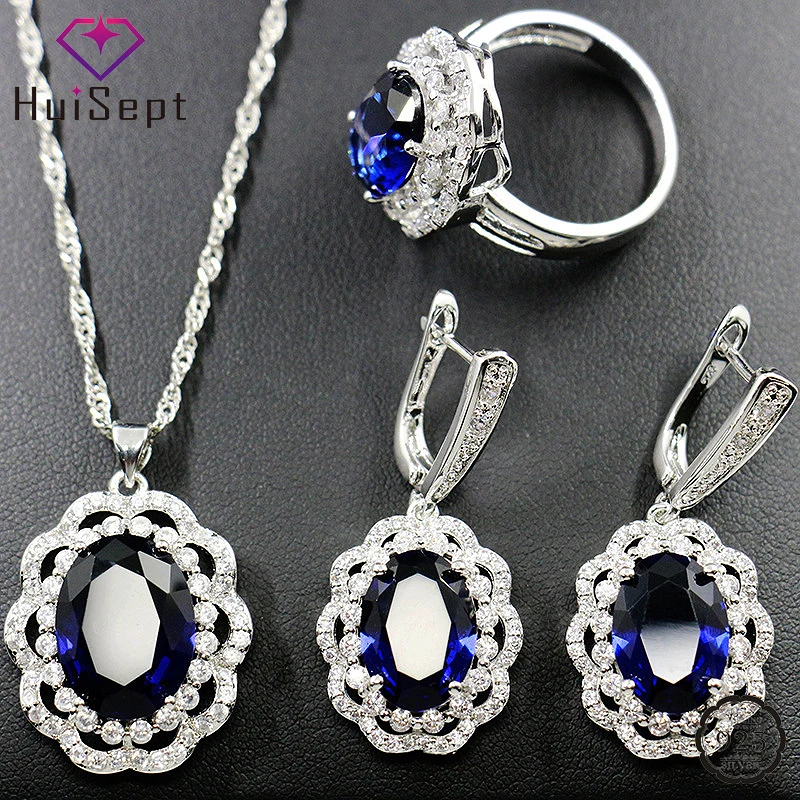 

HuiSept Jewelry Set 925 Silver Ring Earrings Necklace Oval Shaped Sapphire Gemstone Accessories for Women Wedding Dropshipping