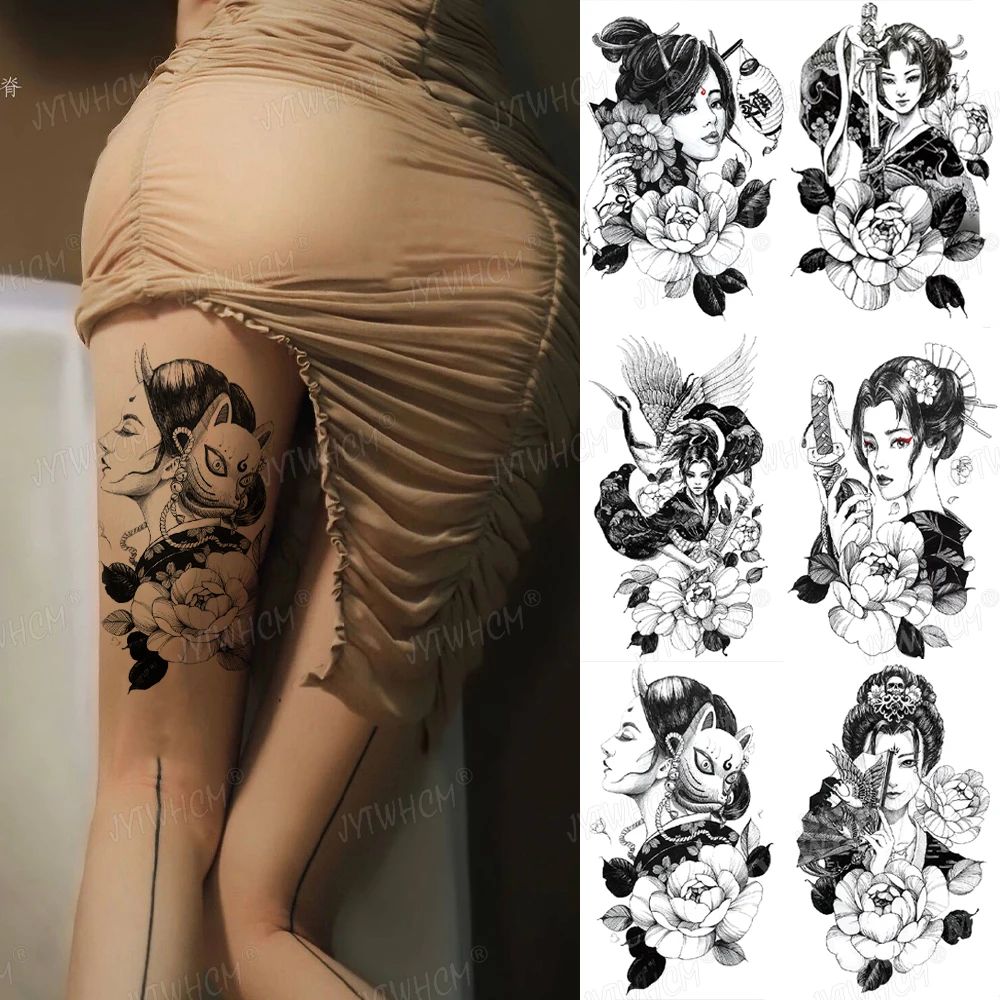 

Водостойкая Временная тату-наклейка, японская гейша, красивая женщина, портрет, черные цветы, крутая флэш-татуировка для женщин и мужчин