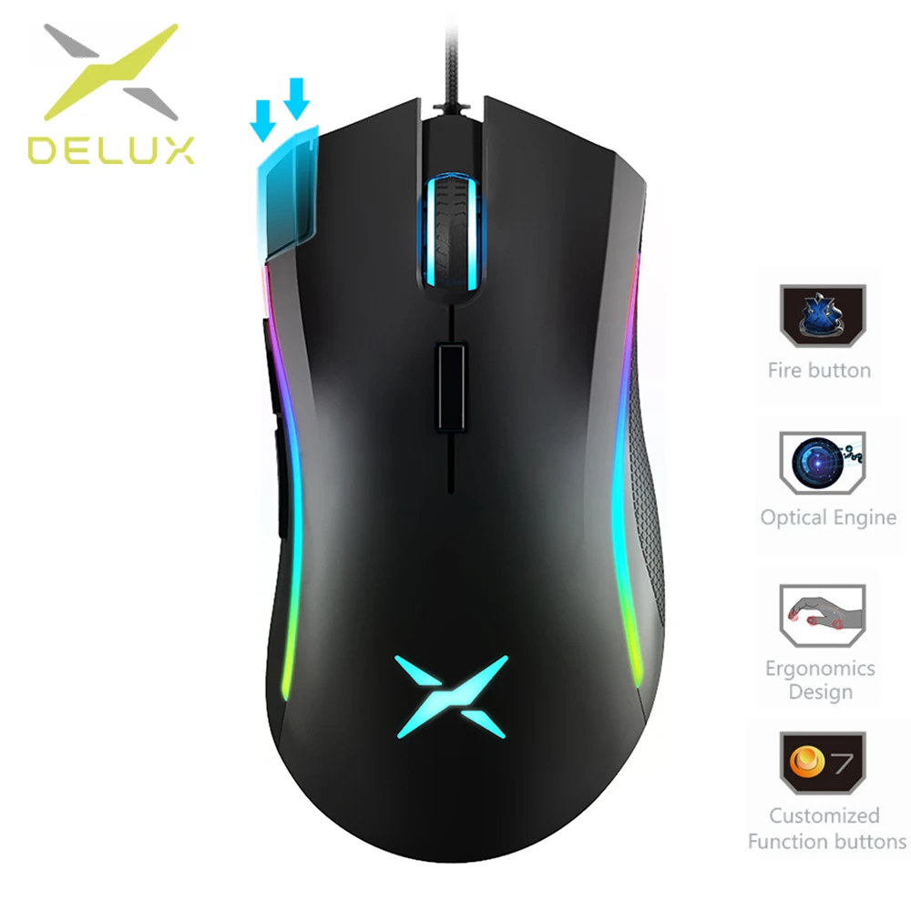 Проводная игровая мышь Delux M625, оптическая мышь для геймера, 7D, компьютерная мышь Mause, макс. до 12000 dpi, игровые мыши с RGB подсветкой для ПК