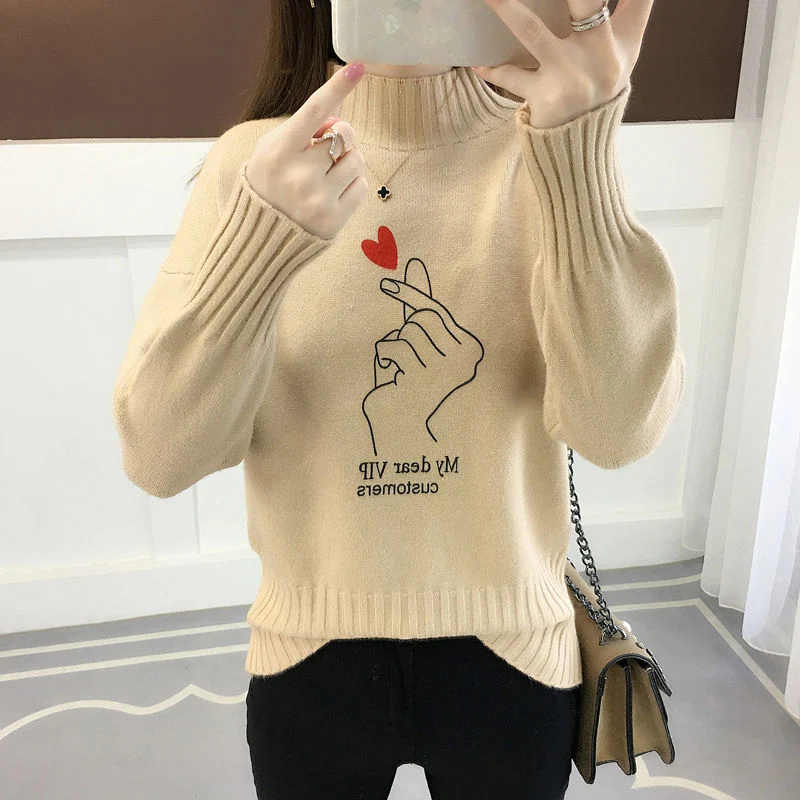 

Women Autumn Winter Style Pullover Sweater Lady Casual Long Sleeve Turtleneck Heart printed Pullover Tops ZZ1140