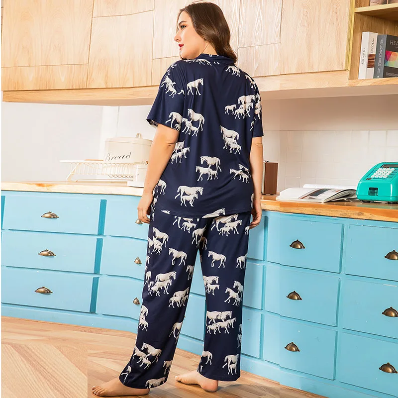 4XL Plus Size Summer Women Pajamas Nice Good Quality Horse Printing Pajama Sets Casual Soft Pijama Homewear Sleepwear