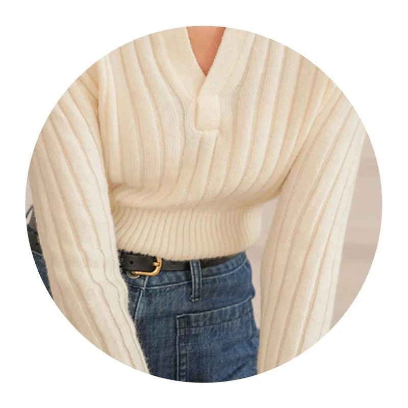 

Knitwear Spring Autumn New Women Short Sweater Tops Waist V Neck Pullovers Jumper 2021 Ladies Elegant Fashion Knit Clothing