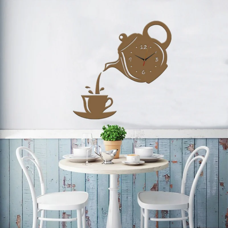 DIY акриловые кофейные чашки чайник 3D настенные часы декоративные кухонные